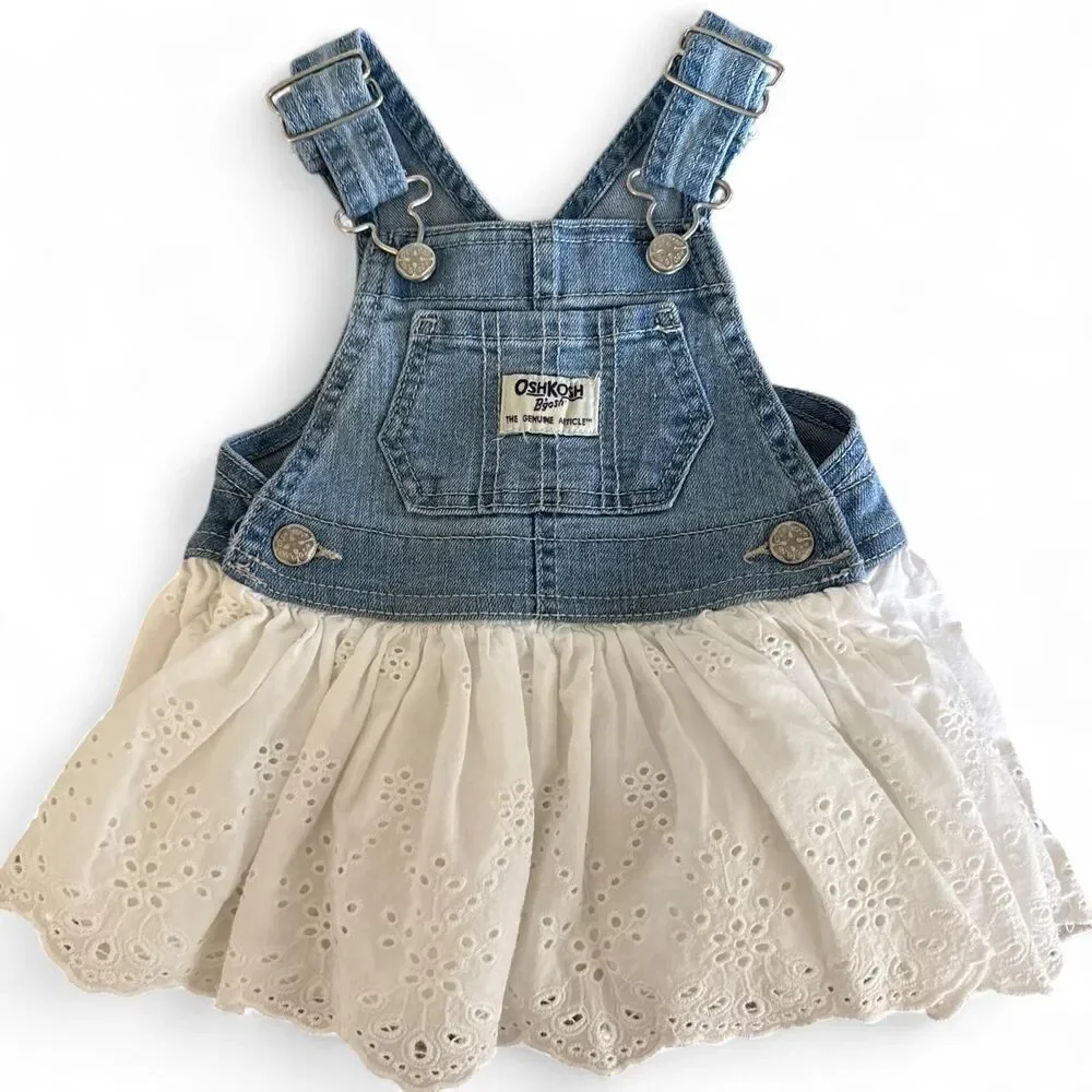 OshKosh B’gosh Baby Girl Denim Eyelet Overall Dress with Bloomers | 6 Months